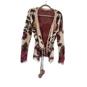 Umgee Womens Floral Paisley Knit Cardigan Sweater Pink Orange Pom Pom boho small